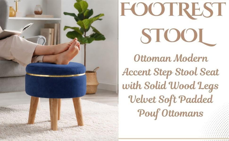 Ottoman Stool for Living Room Foot Rest | Velvet Small Ottoman Foot Stool | Solid Wood Legs | Footstool Puffy for Home, Bedroom & Makeup Table | 30 x 30 cm (12 x 12 Inch) | Royal Blue