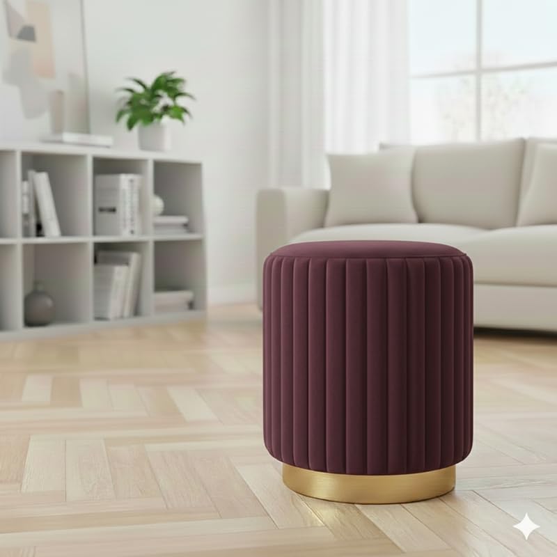 Designer Velvet Round Footstool Ottoman with Sturdy Gold Metal Band Base for Home Décor & Extra Seating, Lightweight Pouf Stool for Sofa Side & Bedroom, 16x16x17 Inch (Coffee)