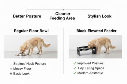 Elevated Wooden Dog Feeder with Stainless Steel Bowls | Raised Pet Food Stand for Dogs & Cats Feeding Station with Bone Cutout Design | Double Bowl Pet Feeding Table (Black)