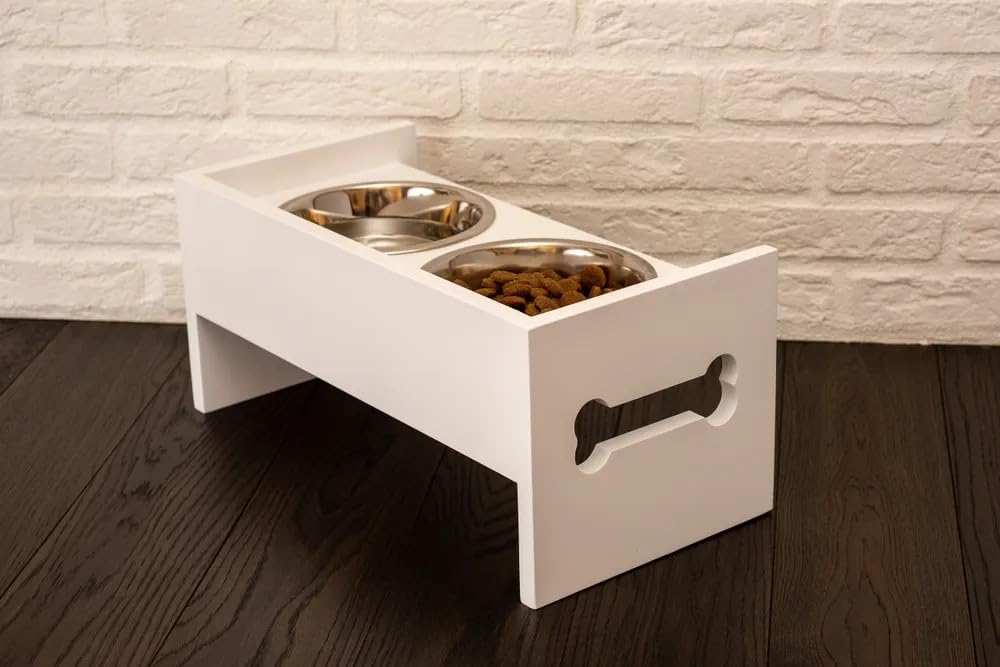 Elevated Wooden Dog Feeder with Stainless Steel Bowls | Raised Pet Food Stand for Dogs & Cats Feeding Station with Bone Cutout Design | Double Bowl Pet Feeding Table (White)