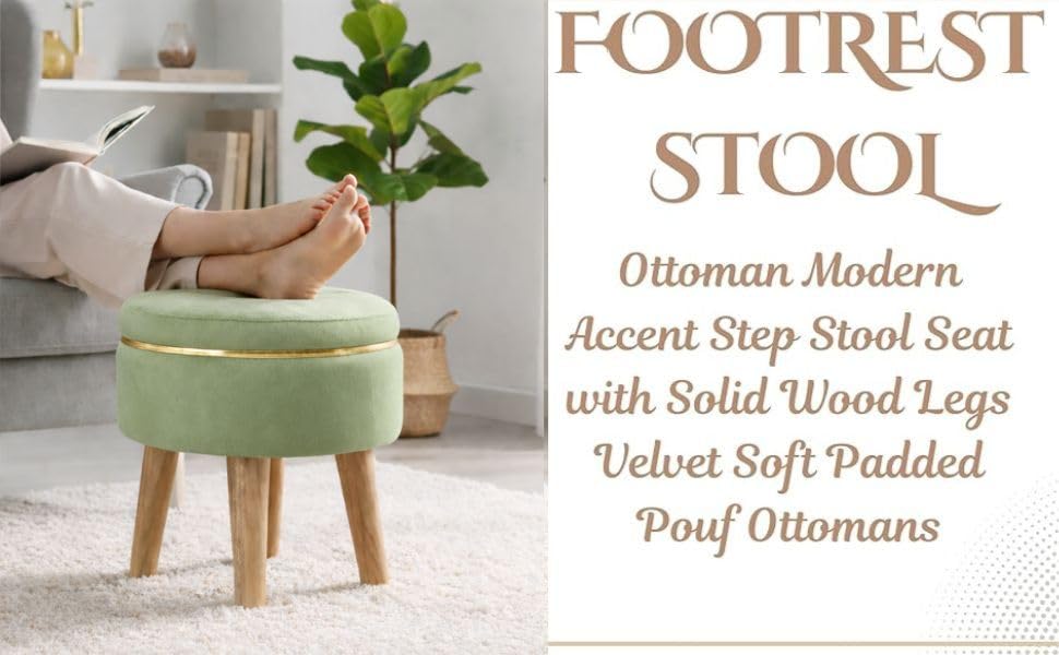 Ottoman Stool for Living Room Foot Rest | Velvet Small Ottoman Foot Stool | Solid Wood Legs | Footstool Puffy for Home, Bedroom & Makeup Table | 30 x 30 cm (12 x 12 Inch) | Light Green