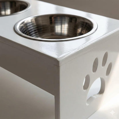 Pet Feeder Stainless Steel Food & Water Bowls with Stand | MDF Wood Elevated Dog Feeding Station with Double Bowl Design | Raised Feeding Stand for Medium & Large Dogs | White Finish | 40 x 25 x 25 cm