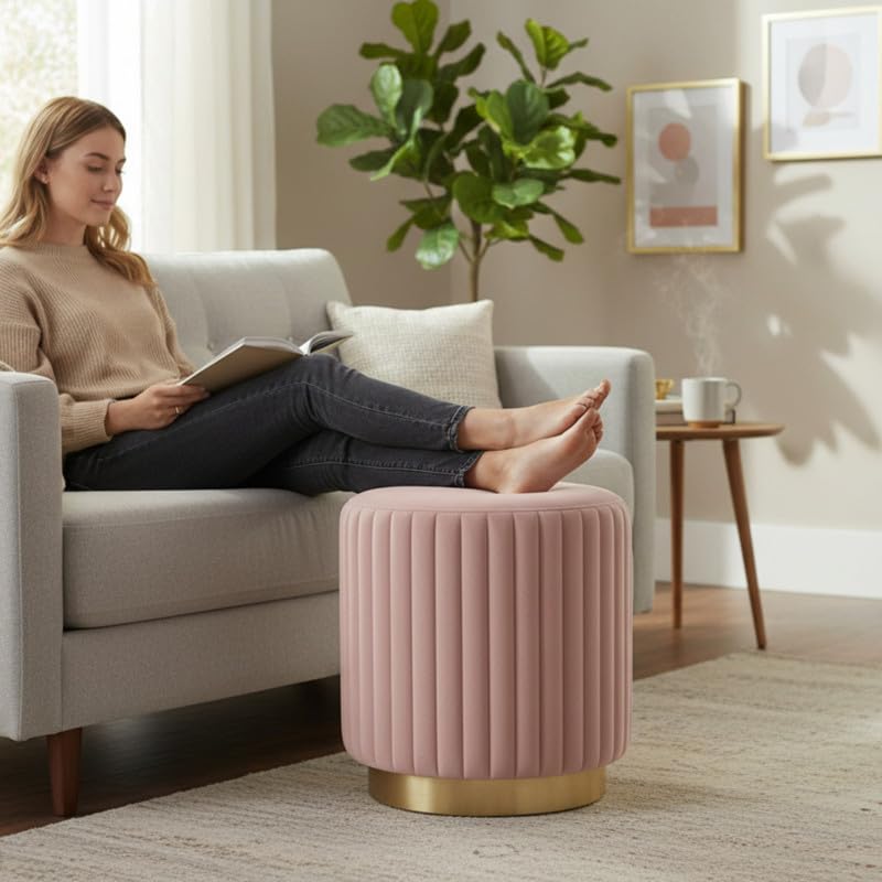 Designer Velvet Round Footstool Ottoman with Sturdy Gold Metal Band Base for Home Décor & Extra Seating, Lightweight Pouf Stool for Sofa Side & Bedroom, 16x16x17 Inch (Gajri)