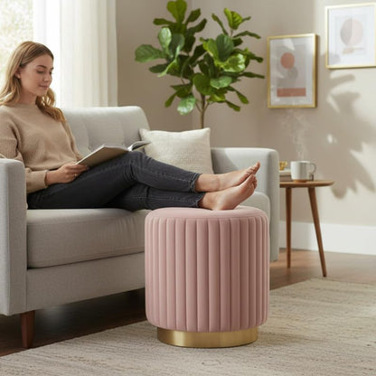 Designer Velvet Round Footstool Ottoman with Sturdy Gold Metal Band Base for Home Décor & Extra Seating, Lightweight Pouf Stool for Sofa Side & Bedroom, 16x16x17 Inch (Gajri)