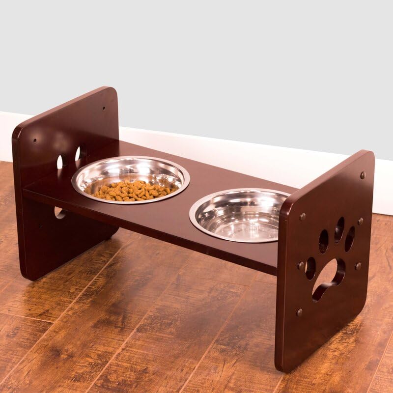 Elevated Wooden Dog Bowl Stand with 2 Stainless Steel Bowls | Adjustable Raised Dog Feeder for Small & Medium Dogs | Anti-Slip Paw Design Pet Feeding Station (Brown)