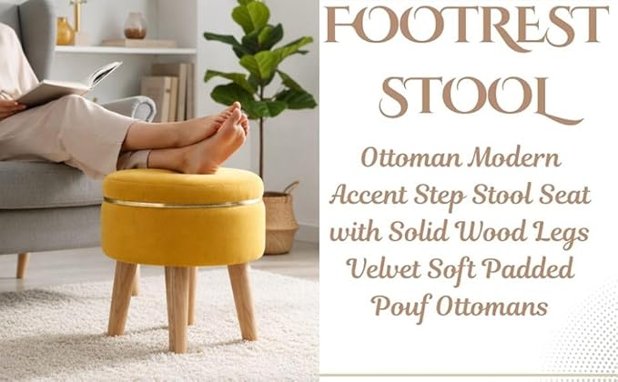 Ottoman Stool for Living Room Foot Rest | Velvet Small Ottoman Foot Stool | Solid Wood Legs | Footstool Puffy for Home, Bedroom & Makeup Table | 30 x 30 cm (12 x 12 Inch) | Yellow