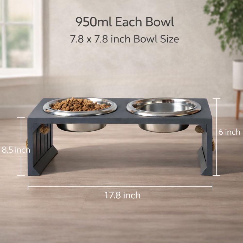 Pet Diner Stainless Steel Pet Bowl Combo with Elevated Wooden Base | Double Feeding Bowl Combo for Providing Food and Water to Beloved Dog, Puppies & Cats (Elevated Wooden Diner of 950ml)