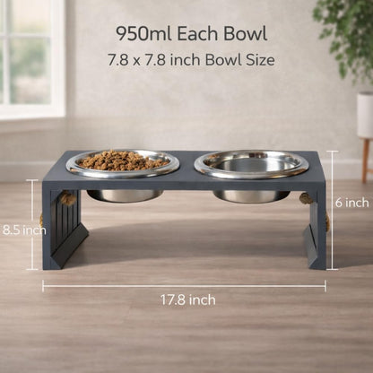 Pet Diner Stainless Steel Pet Bowl Combo with Elevated Wooden Base | Double Feeding Bowl Combo for Providing Food and Water to Beloved Dog, Puppies & Cats (Elevated Wooden Diner of 950ml)