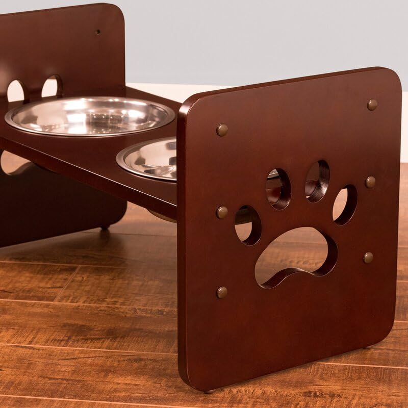 Elevated Wooden Dog Bowl Stand with 2 Stainless Steel Bowls | Adjustable Raised Dog Feeder for Small & Medium Dogs | Anti-Slip Paw Design Pet Feeding Station (Brown)