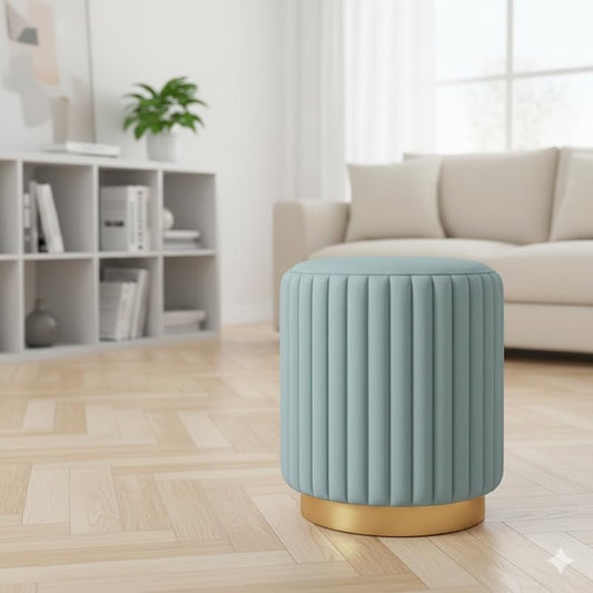 Designer Velvet Round Footstool Ottoman with Sturdy Gold Metal Band Base for Home Décor & Extra Seating, Lightweight Pouf Stool for Sofa Side & Bedroom, 16x16x17 Inch (Aqua)
