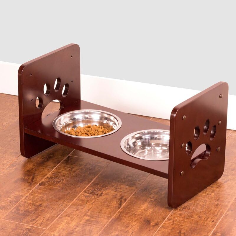 Elevated Wooden Dog Bowl Stand with 2 Stainless Steel Bowls | Adjustable Raised Dog Feeder for Small & Medium Dogs | Anti-Slip Paw Design Pet Feeding Station (Brown)