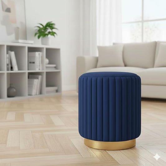 Designer Velvet Round Footstool Ottoman with Sturdy Gold Metal Band Base for Home Décor & Extra Seating, Lightweight Pouf Stool for Sofa Side & Bedroom, 16x16x17 Inch (Royal Blue)