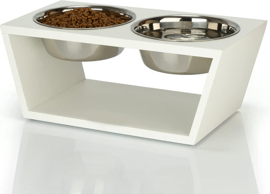 Elevated Dog Bowl Stand with Stainless Steel Bowls, 17.8 cm Height, Double Bowl Feeder, Black (White)