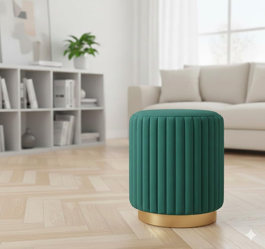 Designer Velvet Round Footstool Ottoman with Sturdy Gold Metal Band Base for Home Décor & Extra Seating, Lightweight Pouf Stool for Sofa Side & Bedroom, 16x16x17 Inch (Seagreen)