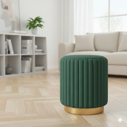 Designer Velvet Round Footstool Ottoman with Sturdy Gold Metal Band Base for Home Décor & Extra Seating, Lightweight Pouf Stool for Sofa Side & Bedroom, 16x16x17 Inch (Green)