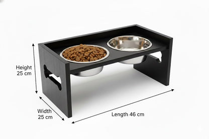 Elevated Wooden Dog Feeder with Stainless Steel Bowls | Raised Pet Food Stand for Dogs & Cats Feeding Station with Bone Cutout Design | Double Bowl Pet Feeding Table (Black)