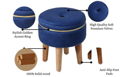 Ottoman Stool for Living Room Foot Rest | Velvet Small Ottoman Foot Stool | Solid Wood Legs | Footstool Puffy for Home, Bedroom & Makeup Table | 30 x 30 cm (12 x 12 Inch) | Royal Blue