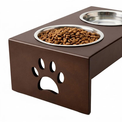 Pet Feeder Stainless Steel Food & Water Bowls with Stand | MDF Wood Elevated Dog Feeding Station with Double Bowl Design | Raised Feeding Stand for Medium & Large Dogs | 40 x 25 x 25 cm (Brown)