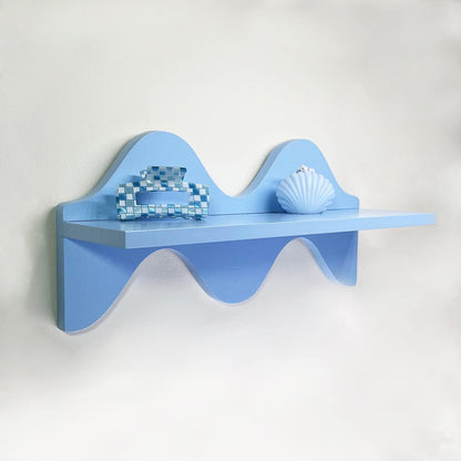 Decorative Wave Wall Shelf, Light Blue Wood, Nautical Beach Theme, Single Tier Floating Display