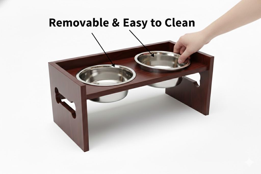 Elevated Wooden Dog Feeder with Stainless Steel Bowls | Raised Pet Food Stand for Dogs & Cats Feeding Station with Bone Cutout Design | Double Bowl Pet Feeding Table (Brown)