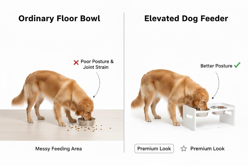 Elevated Wooden Dog Feeder with Stainless Steel Bowls | Raised Pet Food Stand for Dogs & Cats Feeding Station with Bone Cutout Design | Double Bowl Pet Feeding Table (White)