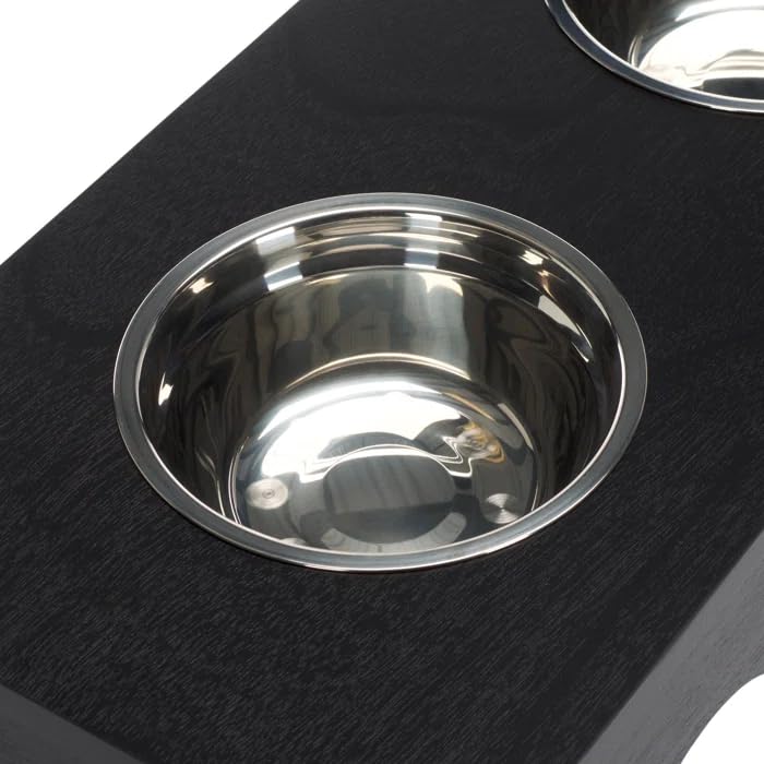 Elevated Dog Bowl Stand, Wooden Feeding Table, Black, with 2 Stainless Steel Bowls, Raised Pet Feeder for Small Medium Dogs