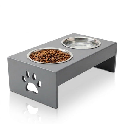 Pet Feeder Stainless Steel Food & Water Bowls with Stand | MDF Wood Elevated Dog Feeding Station with Double Bowl Design | Raised Feeding Stand for Medium & Large Dogs | 40 x 25 x 25 cm (Grey)