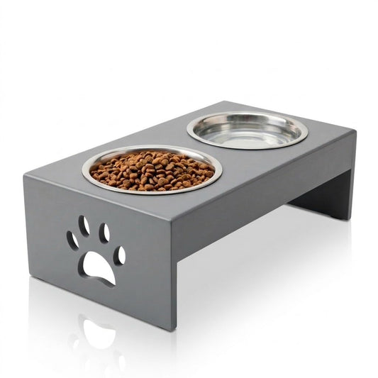 Pet Feeder Stainless Steel Food & Water Bowls with Stand | MDF Wood Elevated Dog Feeding Station with Double Bowl Design | Raised Feeding Stand for Medium & Large Dogs | 40 x 25 x 25 cm (Grey)
