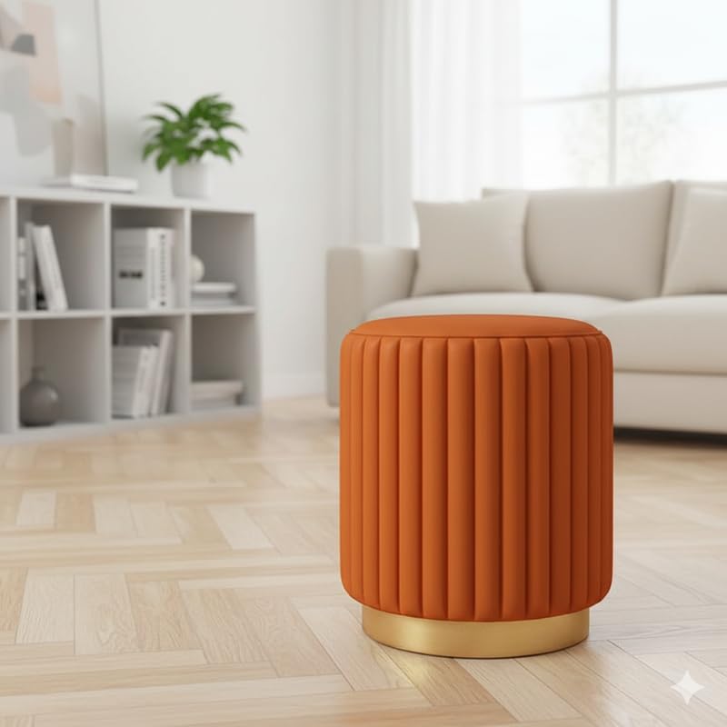 Designer Velvet Round Footstool Ottoman with Sturdy Gold Metal Band Base for Home Décor & Extra Seating, Lightweight Pouf Stool for Sofa Side & Bedroom, 16x16x17 Inch (Orange)