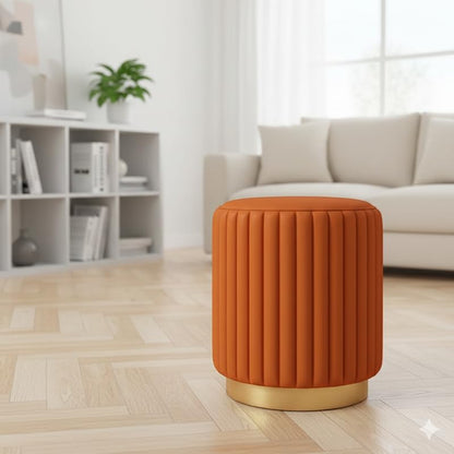 Designer Velvet Round Footstool Ottoman with Sturdy Gold Metal Band Base for Home Décor & Extra Seating, Lightweight Pouf Stool for Sofa Side & Bedroom, 16x16x17 Inch (Orange)