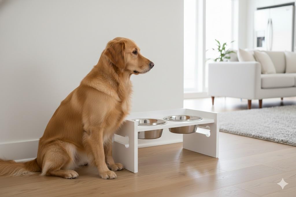 Elevated Wooden Dog Feeder with Stainless Steel Bowls | Raised Pet Food Stand for Dogs & Cats Feeding Station with Bone Cutout Design | Double Bowl Pet Feeding Table (White)