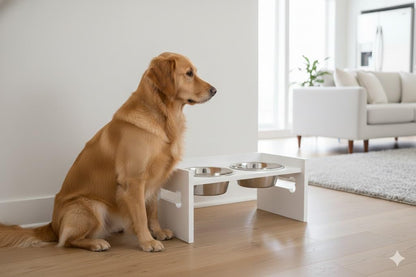 Elevated Wooden Dog Feeder with Stainless Steel Bowls | Raised Pet Food Stand for Dogs & Cats Feeding Station with Bone Cutout Design | Double Bowl Pet Feeding Table (White)