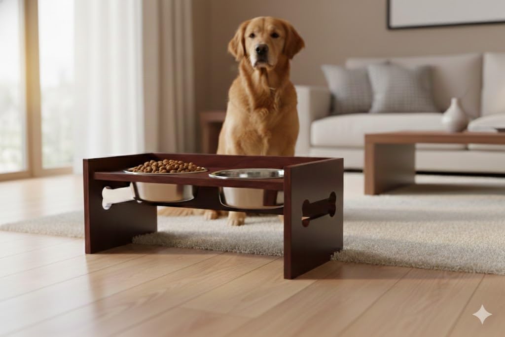 Elevated Wooden Dog Feeder with Stainless Steel Bowls | Raised Pet Food Stand for Dogs & Cats Feeding Station with Bone Cutout Design | Double Bowl Pet Feeding Table (Brown)