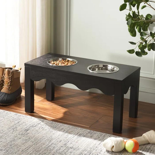 Elevated Dog Bowl Stand, Wooden Feeding Table, Black, with 2 Stainless Steel Bowls, Raised Pet Feeder for Small Medium Dogs