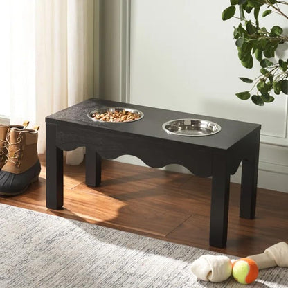 Elevated Dog Bowl Stand, Wooden Feeding Table, Black, with 2 Stainless Steel Bowls, Raised Pet Feeder for Small Medium Dogs