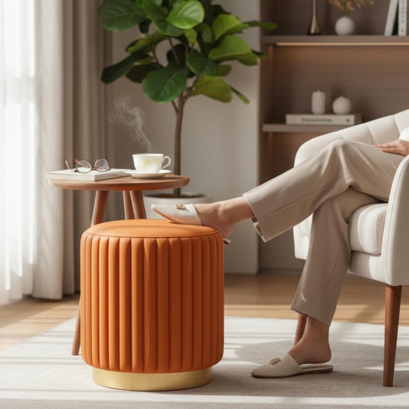 Designer Velvet Round Footstool Ottoman with Sturdy Gold Metal Band Base for Home Décor & Extra Seating, Lightweight Pouf Stool for Sofa Side & Bedroom, 16x16x17 Inch (Orange)