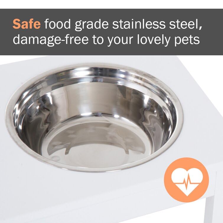Elevated Pet Feeder Dog Food Water Bowls|Dog Bowl Stand|Double-Sided Stainless Steel Kitchen Dining Table With 2 Bowl (White),?48 cm,H_25 cm,W_30 cm