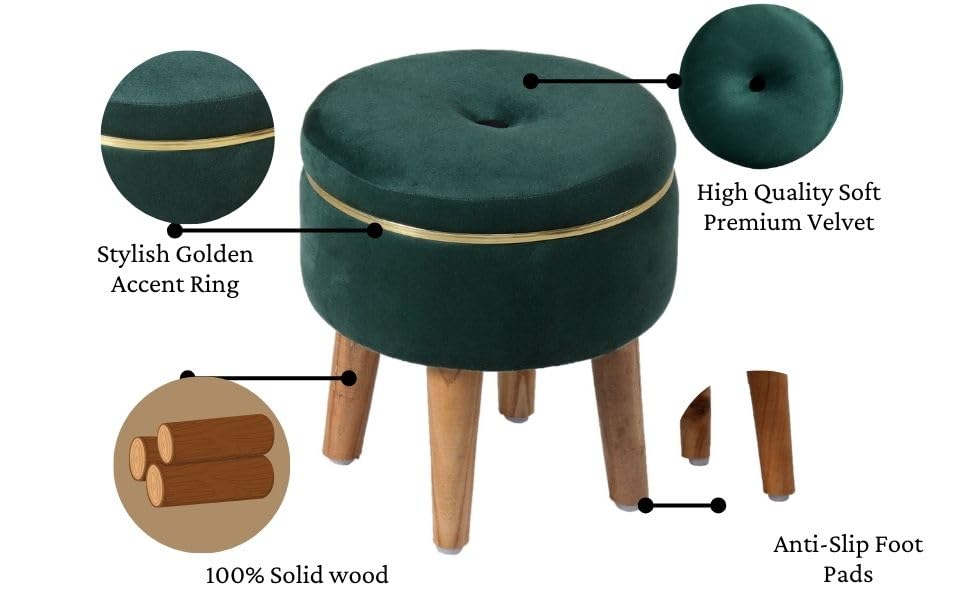Ottoman Stool for Living Room Foot Rest | Velvet Small Ottoman Foot Stool | Solid Wood Legs | Footstool Puffy for Home, Bedroom & Makeup Table | 30 x 30 cm (12 x 12 Inch) | Green