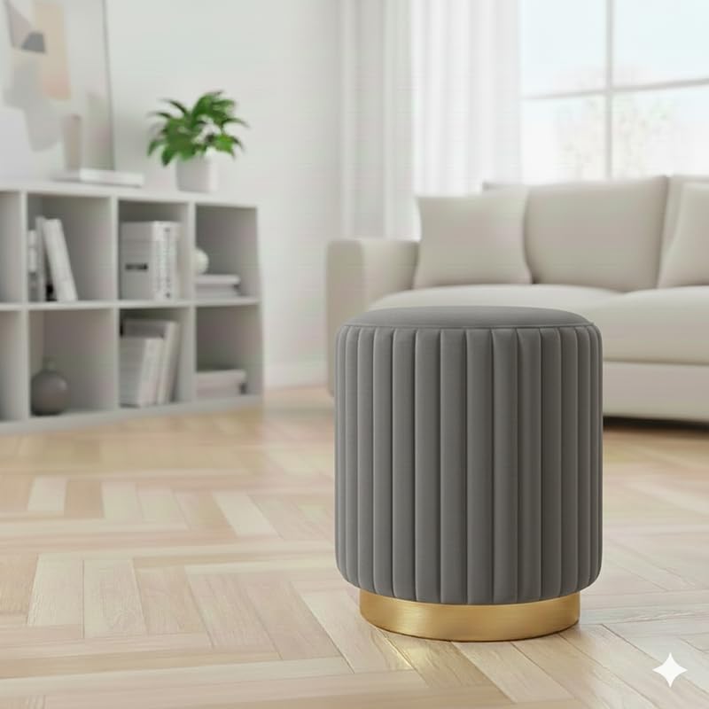 Designer Velvet Round Footstool Ottoman with Sturdy Gold Metal Band Base for Home Décor & Extra Seating, Lightweight Pouf Stool for Sofa Side & Bedroom, 16x16x17 Inch (Grey)