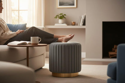 Designer Velvet Round Footstool Ottoman with Sturdy Gold Metal Band Base for Home Décor & Extra Seating, Lightweight Pouf Stool for Sofa Side & Bedroom, 16x16x17 Inch (Grey)