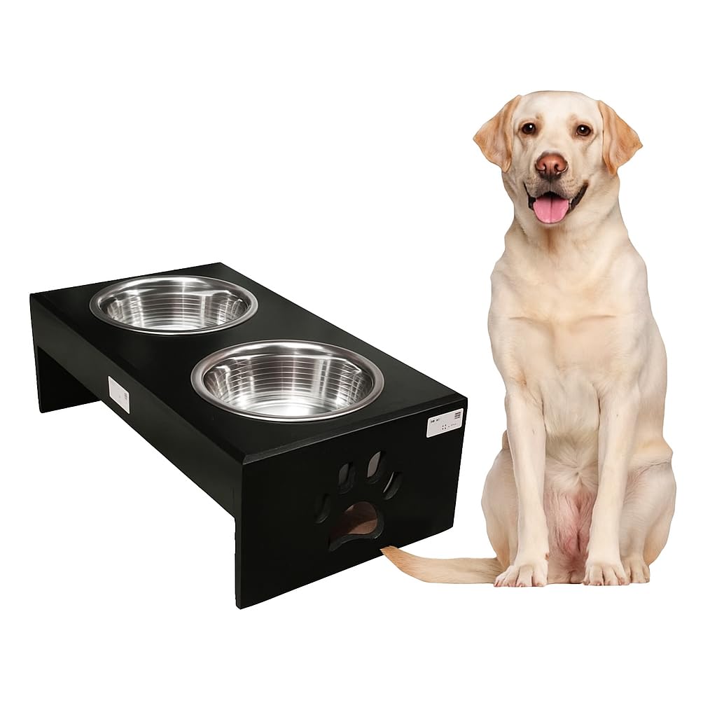 Pet Feeder Stainless Steel Food & Water Bowls with Stand | MDF Wood Elevated Dog Feeding Station with Double Bowl Design | Raised Feeding Stand for Medium & Large Dogs | 40 x 25 x 25 cm (Black)