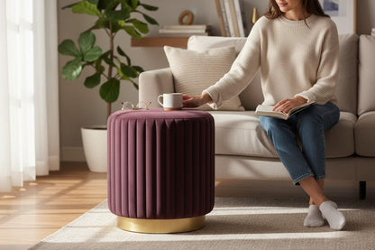 Designer Velvet Round Footstool Ottoman with Sturdy Gold Metal Band Base for Home Décor & Extra Seating, Lightweight Pouf Stool for Sofa Side & Bedroom, 16x16x17 Inch (Coffee)