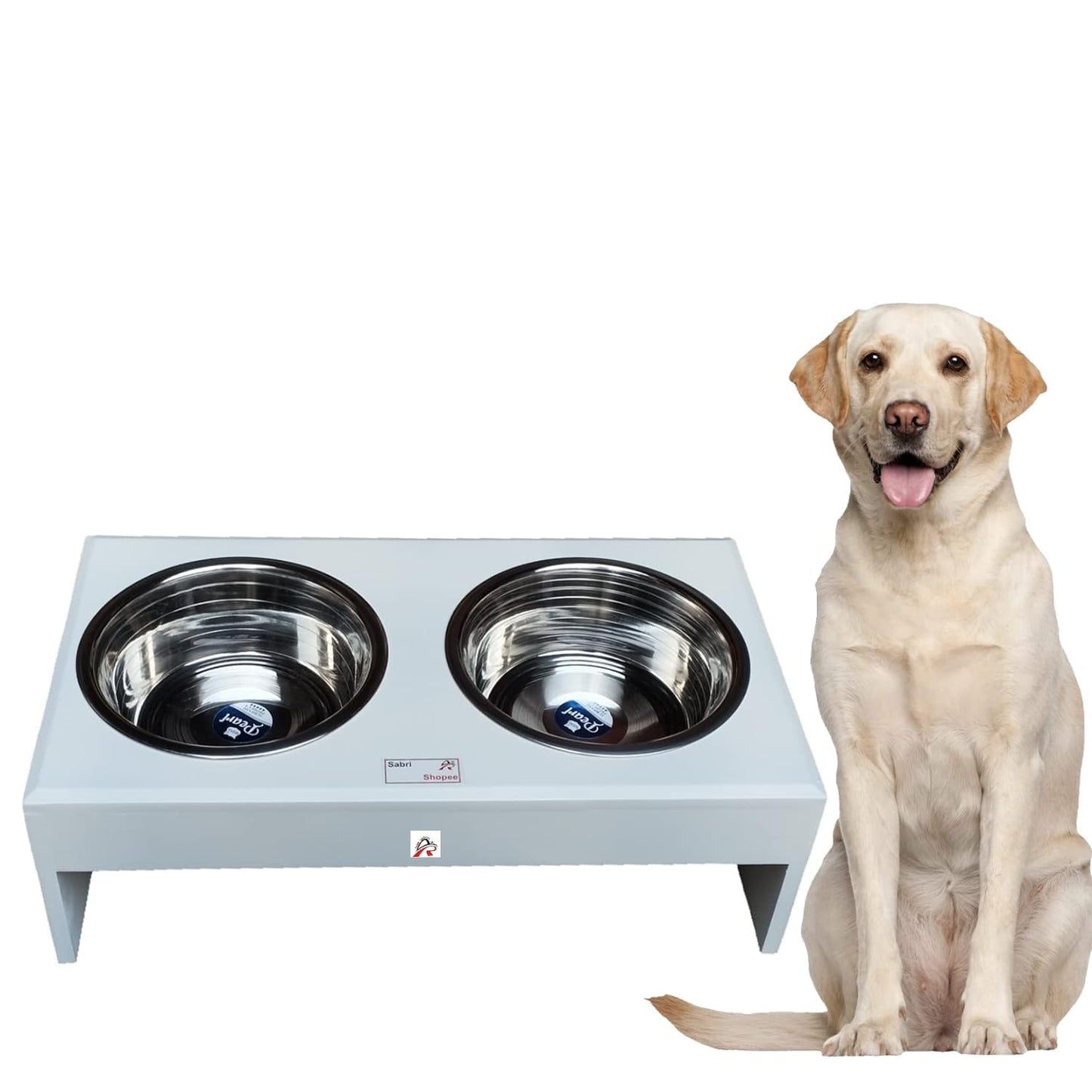 Pet Feeder Stainless Steel Food & Water Bowls with Stand | MDF Wood Elevated Dog Feeding Station with Double Bowl Design | Raised Feeding Stand for Medium & Large Dogs | White Finish | 40 x 25 x 25 cm