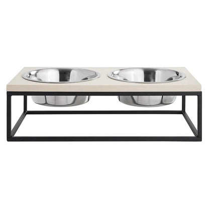 Elevated Dog Bowl Stand with Wooden Top, Metal Frame, 2 Stainless Steel Bowls, Modern Raised Feeder for Small & Medium Dogs