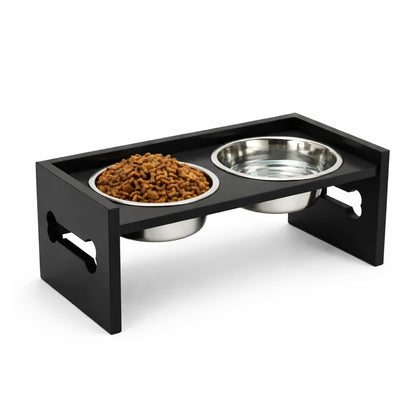 Elevated Wooden Dog Feeder with Stainless Steel Bowls | Raised Pet Food Stand for Dogs & Cats Feeding Station with Bone Cutout Design | Double Bowl Pet Feeding Table (Black)