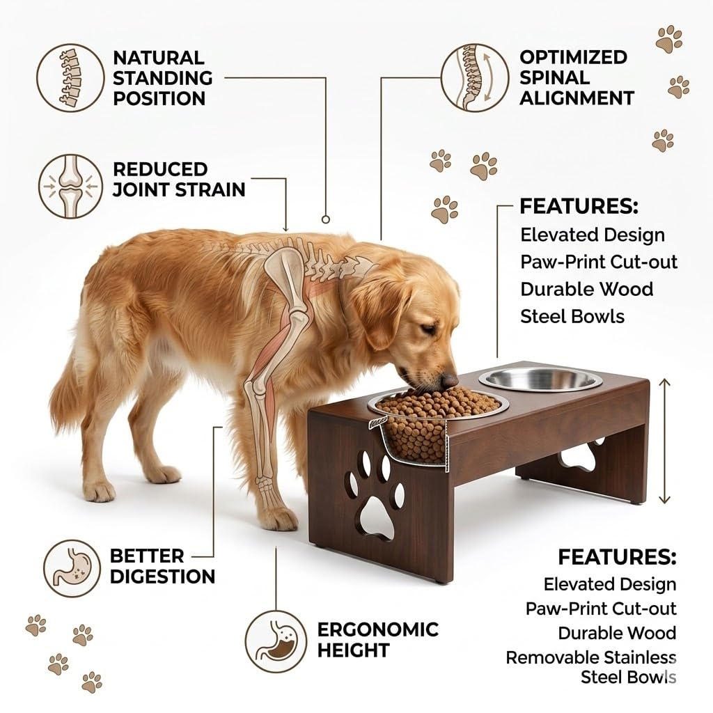Pet Feeder Stainless Steel Food & Water Bowls with Stand | MDF Wood Elevated Dog Feeding Station with Double Bowl Design | Raised Feeding Stand for Medium & Large Dogs | 40 x 25 x 25 cm (Brown)