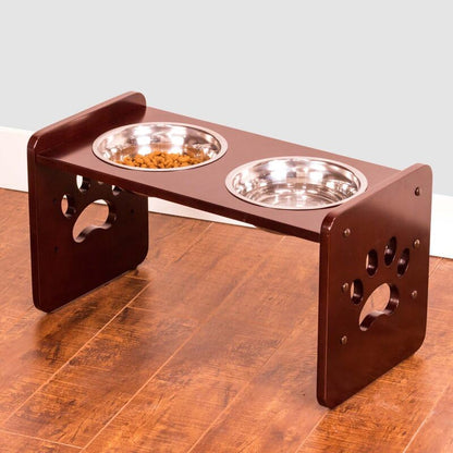 Elevated Wooden Dog Bowl Stand with 2 Stainless Steel Bowls | Adjustable Raised Dog Feeder for Small & Medium Dogs | Anti-Slip Paw Design Pet Feeding Station (Brown)