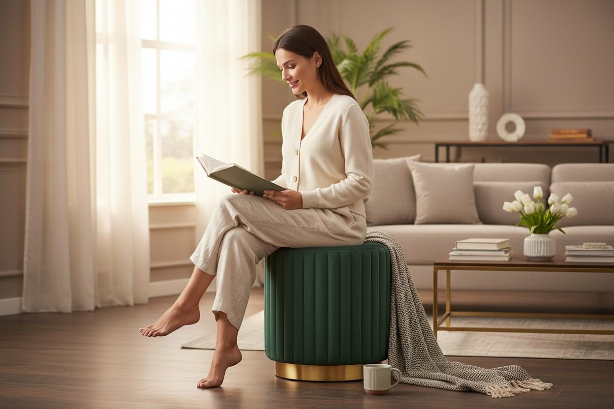 Designer Velvet Round Footstool Ottoman with Sturdy Gold Metal Band Base for Home Décor & Extra Seating, Lightweight Pouf Stool for Sofa Side & Bedroom, 16x16x17 Inch (Green)