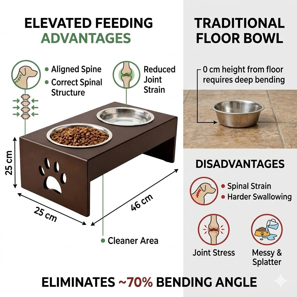 Pet Feeder Stainless Steel Food & Water Bowls with Stand | MDF Wood Elevated Dog Feeding Station with Double Bowl Design | Raised Feeding Stand for Medium & Large Dogs | 40 x 25 x 25 cm (Brown)