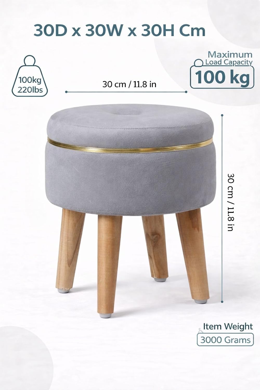 Ottoman Stool for Living Room Foot Rest | Velvet Small Ottoman Foot Stool | Solid Wood Legs | Footstool Puffy for Home, Bedroom & Makeup Table | 30 x 30 cm (12 x 12 Inch) | Grey